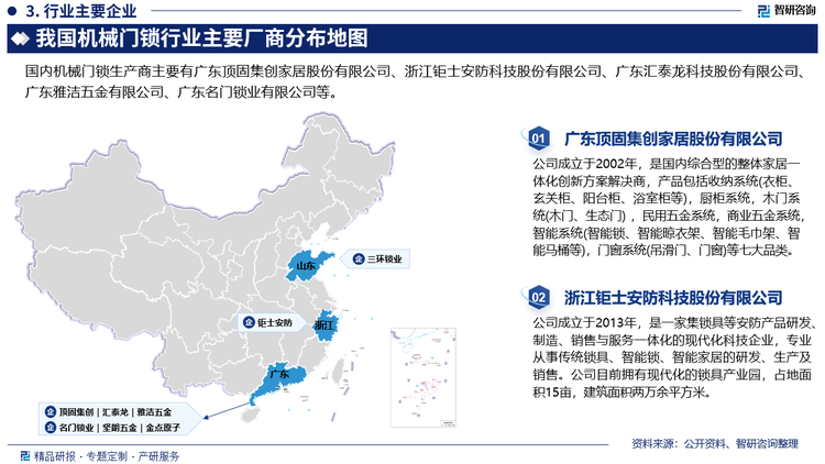 从市场格局方面 ，由于机械门锁准入门槛不高，目前，中国机械门锁行业内以中小型企业居多，行业高度分散，另外，由于机械门锁产品种类繁多、档次差异较大，市场整体较为零散，行业竞争可按中高端和低端产品来区分：中高端市场，企业主要依靠其产品质量、品牌、渠道、技术、管理及规模等优势，以生产系统化的中高端五金产品为主，参与市场竞争。在中高端市场，主要企业包括广东雅洁五金有限公司、广东汇泰龙科技股份有限公司和浙江钜士安防科技股份有限公司等；在低端市场，企业生产规模较小，品牌意识较弱，以零散的形式参与区域市场竞争。目前大量中小五金企业在低端市场无序竞争、低价竞争，产品技术含量较低，同质化现象严重。