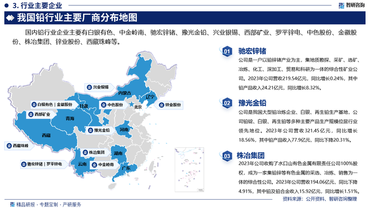 其中馳宏鋅鍺是一戶以鉛鋅鍺產(chǎn)業(yè)為主，集地質(zhì)勘探、采礦、選礦、冶煉、化工、深加工、貿(mào)易和科研為一體的綜合性礦業(yè)公司。2023年公司營收219.54億元，同比增長0.24%，其中鉛產(chǎn)品收入24.21億元，同比增長8.32%。豫光金鉛是我國大型鉛冶煉企業(yè)、白銀、再生鉛生產(chǎn)基地，公司鉛錠、白銀、再生鉛等多種主要產(chǎn)品生產(chǎn)規(guī)模位居行業(yè)領(lǐng)先地位。2023年公司營收321.45億元，同比增長18.56%，其中鉛產(chǎn)品收入77.9億元，同比下降20.31%。株冶集團2023年公司收購了水口山有色金屬有限責任公司100%股權(quán)，成為一家集鉛鋅等有色金屬的采選、冶煉、銷售為一體的綜合性公司。2023年公司營收194.06億元，同比下降4.91%，其中鉛及鉛合金收入15.92億元，同比增長1.51%。