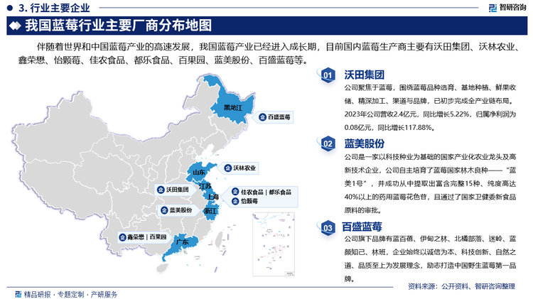 其中沃田集团聚焦于蓝莓，围绕蓝莓品种选育、基地种植、鲜果收储、精深加工、渠道与品牌，已初步完成全产业链布局。2023年公司营收2.4亿元，同比增长5.22%，归属净利润为0.08亿元，同比增长117.88%。蓝美股份是一家以科技种业为基础的国家产业化农业龙头及高新技术企业，公司自主培育了蓝莓国家林木良种——“蓝美1号”，并成功从中提取出富含完整15种、纯度高达40%以上的药用蓝莓花色苷，且通过了国家卫健委新食品原料的审批。百盛蓝莓旗下品牌有蓝百蓓、伊甸之林、北橘部落、迷岭、蓝颜知己、林班，企业始终以诚信为本、科技创新、自然之道、品质至上为发展理念，励志打造中国野生蓝莓第一品牌。