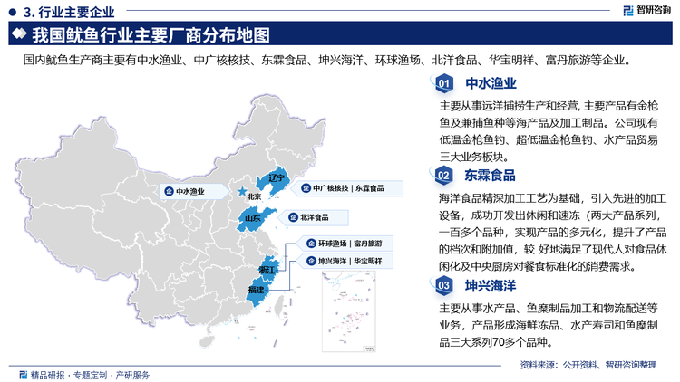 主要企业概况，中水渔业主要从事远洋捕捞生产和经营，主要产品有金枪鱼及兼捕鱼种等海产品及加工制品。公司现有低温金枪鱼钓、超低温金枪鱼钓、水产品贸易三大业务板块。东霖食品以海洋食品精深加工工艺为基础，引入先进的加工设备，成功开发出休闲和速冻(两大产品系列，一百多个品种，实现产品的多元化，提升了产品的档次和附加值，较 好地满足了现代人对食品休闲化及中央厨房对餐食标准化的消费需求。坤兴海洋主要从事水产品、鱼糜制品加工和物流配送等业务，产品形成海鲜冻品、水产寿司和鱼糜制品三大系列70多个品种。