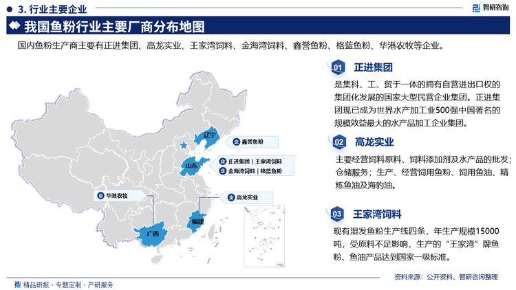 正进集团是集科、工、贸于一体的拥有自营进出口权的集团化发展的国家大型民营企业集团。正进集团现已成为世界水产加工业500强中国著名的规模效益最大的水产品加工企业集团。高龙实业主要经营饲料原料、饲料添加剂及水产品的批发;仓储服务;生产、经营饲用鱼粉、饲用鱼油、精炼鱼油及海豹油。王家湾饲料现有湿发鱼粉生产线四条，年生产规模15000吨，受原料不足影响，生产的“王家湾”牌鱼粉、鱼油产品达到国家一级标准。