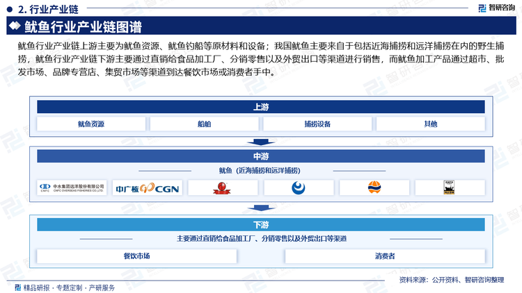 鱿鱼行业产业链上游主要为鱿鱼资源、鱿鱼钓船等原材料和设备；我国鱿鱼主要来自于包括近海捕捞和远洋捕捞在内的野生捕捞，鱿鱼行业产业链下游主要通过直销给食品加工厂、分销零售以及外贸出口等渠道进行销售，而鱿鱼加工产品通过超市、批发市场、品牌专营店、集贸市场等渠道到达餐饮市场或消费者手中。