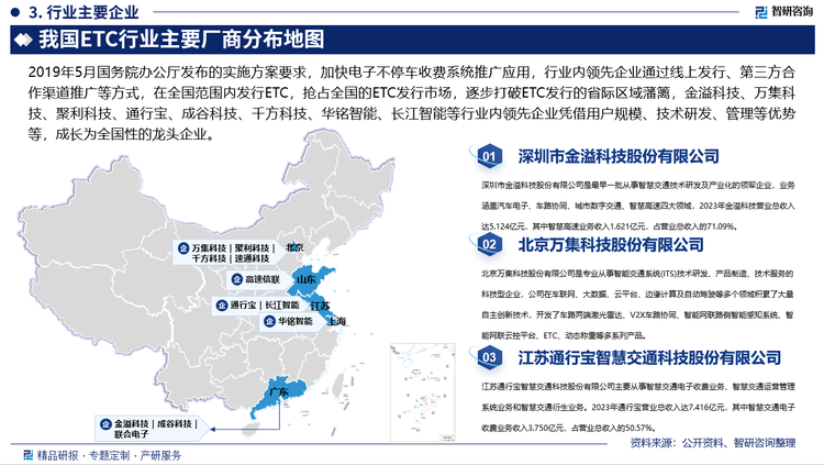 我国ETC电子收费行业，历经十余年的发展，形成了各省市联网运行格局，各省范围内均存在ETC发行机构，并在其区域范围内具有相对垄断的优势。2019年5月国务院办公厅发布的实施方案要求，加快电子不停车收费系统推广应用，行业内领先企业通过线上发行、第三方合作渠道推广等方式，在全国范围内发行ETC，抢占全国的ETC发行市场，逐步打破ETC发行的省际区域藩篱，金溢科技、万集科技、聚利科技、通行宝、成谷科技、千方科技、华铭智能、长江智能等行业内领先企业凭借用户规模、技术研发、管理等优势等，实现ETC应用功能和应用场景的扩展，成长为全国性的龙头企业。