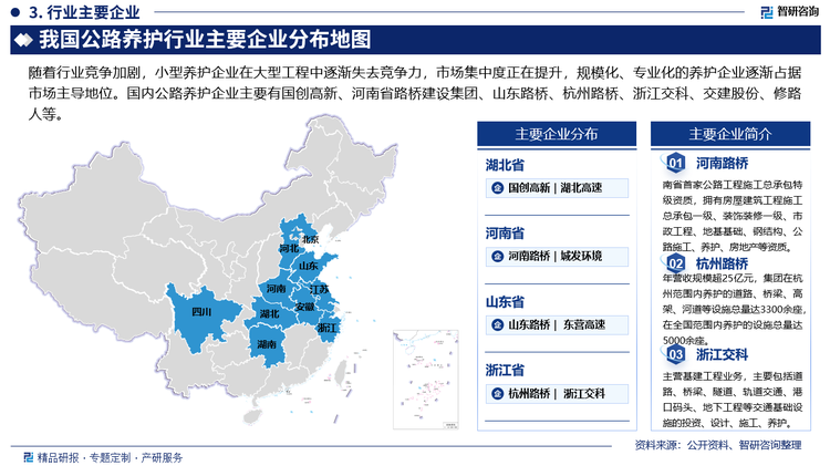 随着行业竞争加剧，小型养护企业在大型工程中逐渐失去竞争力，市场集中度正在提升，规模化、专业化的养护企业逐渐占据市场主导地位。这些企业往往具备先进的技术、设备和管理经验，能够满足复杂的大型公路养护需求。国内公路养护企业主要有国创高新、河南省路桥建设集团、山东路桥、杭州路桥、浙江交科、交建股份、修路人等。