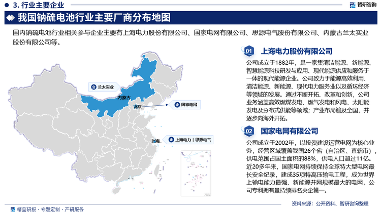 目前國外僅日本NGK公司有成熟的技術(shù)。中國科學(xué)院上海硅酸鹽研究所在長期技術(shù)積累的基礎(chǔ)上與上海電力股份有限公司合作，研制成功650A·h大容量鈉硫電池，建成了年產(chǎn)2Mw的中試生產(chǎn)線，實(shí)現(xiàn)百千瓦級儲(chǔ)能電站的示范性運(yùn)行，具備了產(chǎn)業(yè)化生產(chǎn)的基礎(chǔ)。此外，國內(nèi)鈉硫電池行業(yè)相關(guān)參與企業(yè)還包括上海電力股份有限公司、思源電氣股份有限公司、國家電網(wǎng)有限公司等。