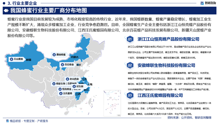 蜂蜜行业是我国目前发展较为成熟、市场化程度较高的传统行业，近年来，我国蜂群数量、蜂蜜产量稳定增长，蜂蜜加工业生产规模不断扩大，涌现众多蜂蜜加工企业，行业竞争愈趋激烈。目前，全国蜂蜜生产企业主要包括浙江江山恒亮蜂产品股份有限公司、安徽蜂联生物科技股份有限公司、江西汪氏蜜蜂园有限公司、北京百花蜂产品科技发展有限公司、新疆天山黑蜂产业股份有限公司等。