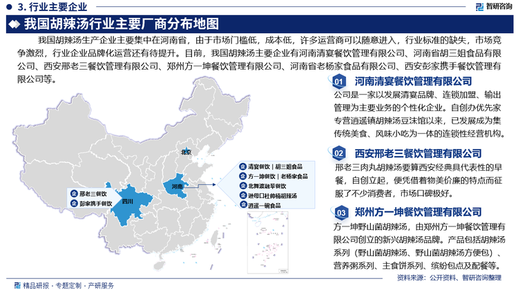 我国胡辣汤生产企业主要集中在河南省，由于市场门槛低，成本低，许多运营商可以随意进入，行业标准的缺失，市场竞争激烈，行业企业品牌化运营还有待提升。目前，我国胡辣汤主要企业有河南清宴餐饮管理有限公司、河南省胡三姐食品有限公司、西安邢老三餐饮管理有限公司、郑州方一坤餐饮管理有限公司、河南省老杨家食品有限公司、西安彭家携手餐饮管理有限公司等。