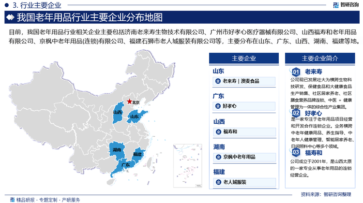 目前，我国老年用品行业相关企业主要包括济南老来寿生物技术有限公司、广州市好孝心医疗器械有限公司、山西福寿和老年用品有限公司、京枫中老年用品(连锁)有限公司、福建石狮市老人城服装有限公司等，主要分布在山东、广东、山西、湖南、福建等地。