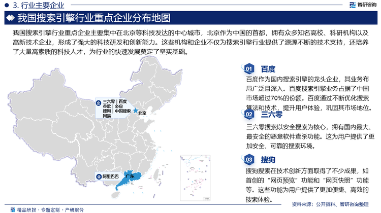 我国搜索引擎行业重点企业主要集中在北京等科技发达的中心城市，北京作为中国的首都，拥有众多知名高校、科研机构以及高新技术企业，形成了强大的科技研发和创新能力。这些机构和企业不仅为搜索引擎行业提供了源源不断的技术支持，还培养了大量高素质的科技人才，为行业的快速发展奠定了坚实基础。