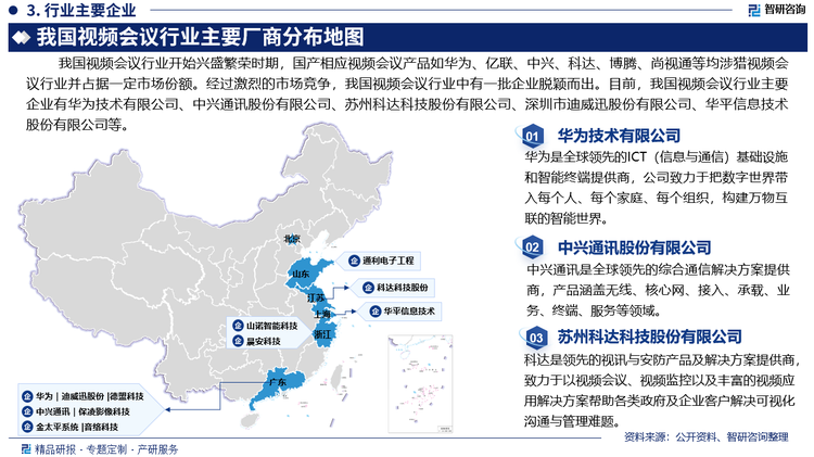 我国视频会议行业开始兴盛繁荣时期，国产相应视频会议产品如华为、亿联、中兴、科达、博腾、尚视通等均涉猎视频会议行业并占据一定市场份额。经过激烈的市场竞争，我国视频会议行业中有一批企业脱颖而出。目前，我国视频会议行业主要企业有华为技术有限公司、中兴通讯股份有限公司、苏州科达科技股份有限公司、深圳市迪威迅股份有限公司、华平信息技术股份有限公司等。