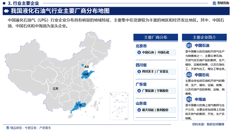 中国液化石油气（LPG）行业企业分布具有明显的地域特征，主要集中在资源较为丰富的地区和经济发达地区。其中，中国石油、中国石化和中海油为龙头企业。