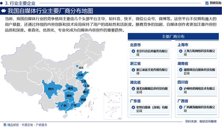 当前，我国自媒体行业的竞争格局主要由几个头部平台主导，如抖音、快手、微信公众号、微博等。这些平台不仅拥有庞大的用户基数，还通过持续的内容创新和技术应用保持了用户的高粘性和活跃度。随着竞争的加剧，自媒体创作者更加注重内容的品质和深度。垂直化、优质化、专业化成为自媒体内容创作的重要趋势。