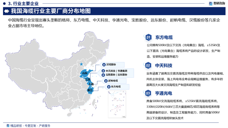 海缆技术要求高，并且资质认证周期较长、项目经验要求严格、港口资源稀缺，种种原因铸就行业高壁垒，使其他玩家难以进入。中国海缆行业呈现出寡头垄断的格局，东方电缆、中天科技、亨通光电、宝胜股份、远东股份、起帆电缆、汉缆股份等几家企业占据市场主导地位。