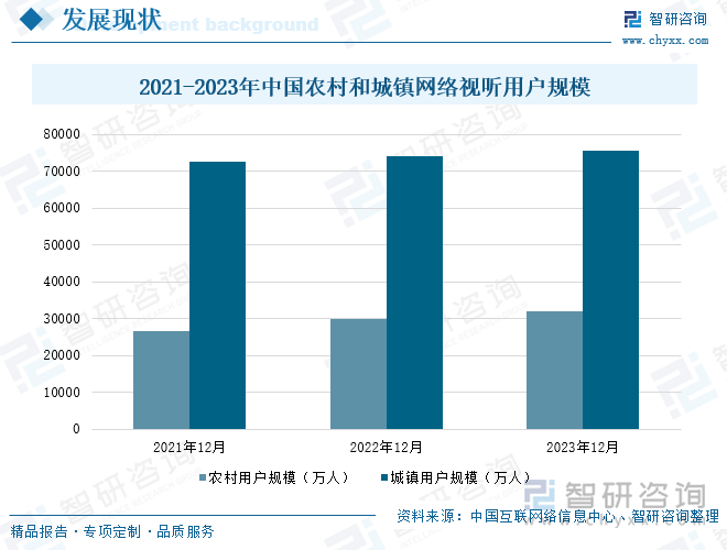 2021-2023年中国农村和城镇网络视听用户规模