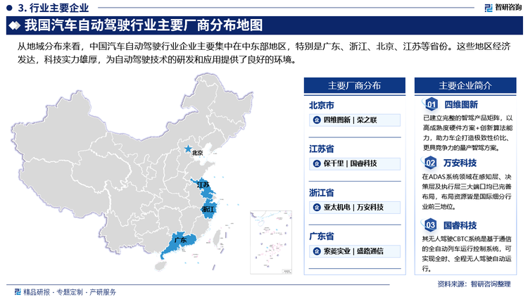 从地域分布来看，中国汽车自动驾驶行业企业主要集中在中东部地区，特别是广东、浙江、北京、江苏等省份。这些地区经济发达，科技实力雄厚，为自动驾驶技术的研发和应用提供了良好的环境。