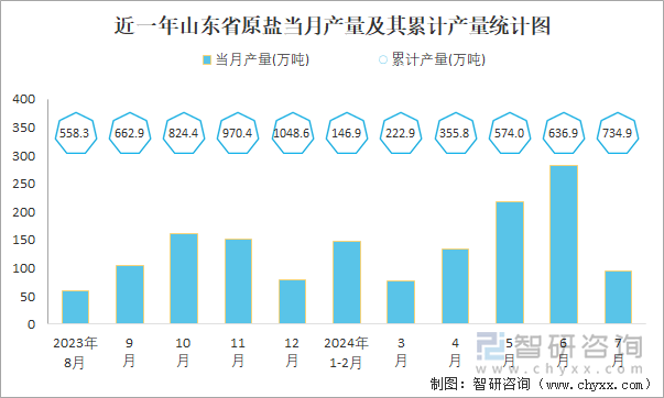 近一年山东省原盐当月产量及其累计产量统计图