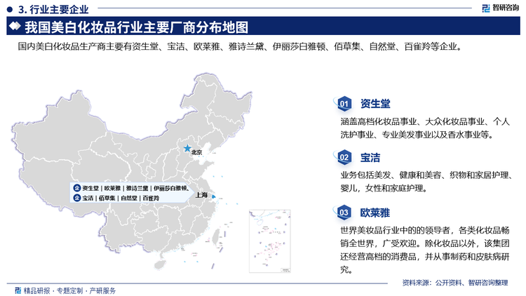 主要企业来看，资生堂涵盖高档化妆品事业、大众化妆品事业、个人洗护事业、专业美发事业以及香水事业等。宝洁业务包括美发、健康和美容、织物和家居护理、婴儿，女性和家庭护理。欧莱雅世界美妆品行业中的的领导者，各类化妆品畅销全世界，广受欢迎。除化妆品以外，该集团还经营高档的消费品，并从事制药和皮肤病研究。