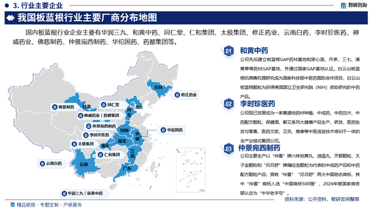 其中和黄中药先后建立板蓝根GAP药材基地和穿心莲、丹参、三七、溪黄草等药材GAP基地，并通过国家GAP基地认证。白云山板蓝根抗病毒机理研究成为国家科技部中医药国际合作项目，白云山板蓝根颗粒为获得美国国立卫生研究院（NIH）资助研究的中药产品。李时珍医药现已发展成为一家集道地药材种植，中成药、中药饮片、中药配方颗粒、保健酒、蕲艾系列大健康产品生产、研发，医药批发与零售，医药文旅，艾灸、推拿等中医适宜技术培训于一体的全产业链式集团公司。仲景苑西制药主要生产以“仲景”牌六味地黄丸、逍遥丸、天智颗粒、太子金颗粒和“月月舒”牌痛经宝颗粒为代表的中成药产品和中药配方颗粒产品；拥有“仲景”“月月舒”两大中国驰名商标，其中“仲景”商标入选“中国商标500强”，2024年被国家商务部认定为“中华老字号”。