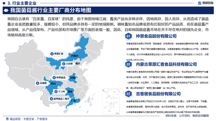 我国自古就有“百家酱，百家味”的民彥，由于我国地域江阔，酱类产品也多种多样，因地而异，因人而异，从而造成了菌菇酱企业虽然数量较多，规模较小，但其品牌多具有一定的地域限制。调味酱知名品牌虽然有比较好的产品品质，但在菌菇酱产品领域，从产品线架构，产品包装和市场推广等方面的表现一般，因此，目前我国菌菇酱市场在并不存在绝对的领先企业，市场格局高度分散，中小菌菇酱品牌仍然有较大的发展空间。