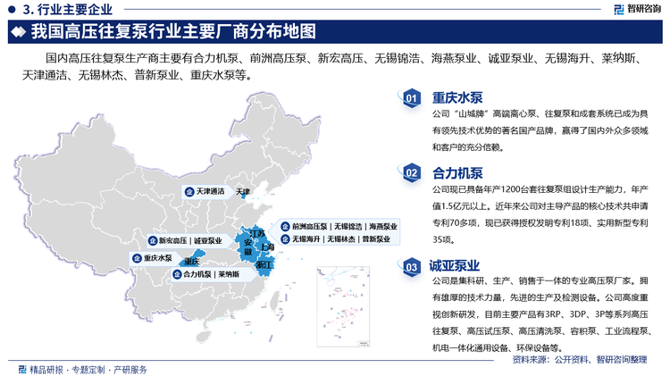 其中重庆水泵“山城牌”高端离心泵、往复泵和成套系统已成为具有领先技术优势的著名国产品牌，赢得了国内外众多领域和客户的充分信赖。合力机泵现已具备年产1200台套往复泵组设计生产能力，年产值1.5亿元以上。近年来公司对主导产品的核心技术共申请专利70多项，现已获得授权发明专利18项、实用新型专利35项。诚亚泵业是集科研、生产、销售于一体的专业高压泵厂家。拥有雄厚的技术力量，先进的生产及检测设备。公司高度重视创新研发，目前主要产品有3RP、3DP、3P等系列高压往复泵、高压试压泵、高压清洗泵、容积泵、工业流程泵、机电一体化通用设备、环保设备等。