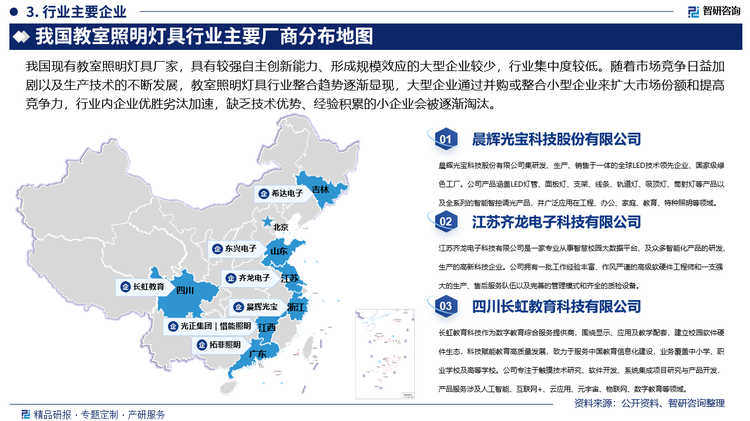 我国现有教室照明灯具厂家，具有较强自主创新能力、形成规模效应的大型企业较少，行业集中度较低。低端产品同质化现象严重，部分中小企业采取低价竞争策略，影响了行业的利润水平，导致企业资金周转困难，无法保证产品质量、售后服务及必要的研发投入，对行业的发展造成不利影响。随着市场竞争日益加剧以及生产技术的不断发展，教室照明灯具行业整合趋势逐渐显现，大型企业通过并购或整合小型企业来扩大市场份额和提高竞争力，行业内企业优胜劣汰加速，缺乏技术优势、经验积累的小企业会被逐渐淘汰。