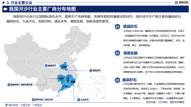 其中赣昌砂石成立十余年以来，赣昌砂石公司持续深耕砂石市场，打造了一条涵盖砂石开采与销售、砂石配送、砂石加工、砂石衍生产品研发与销售的完整产业链，经营业务范围已覆盖赣江、抚河、抚河故道、锦江、潦河等流域。湖南发展与沅江地方国资平台湖南沅江琼湖投资建设集团合作，携手投资机制砂加工生产及集散中心经营业务。该项目采用“圆锥+立轴+对辊+棒磨”制砂工艺和先进的自动化控制系统，以沅江、常德等地卵石为原料，生产可以与天然河砂媲美的优质机制砂。鑫淼砂石主要经营河砂开采、销售，为全国建筑工程领域提供优质的天然河砂原材料。现有员工200余人，下设综合部、财务部、技术保障部、安全生产部、稽核部、销售部六大部门，下辖6个管理站、6个集散地、1处惠民平价砂石基地、1处豫唐河砂包装厂。