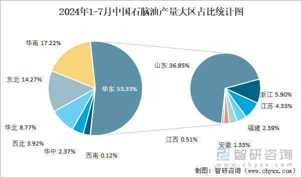 2024年1-7月中国石脑油产量大区占比统计图