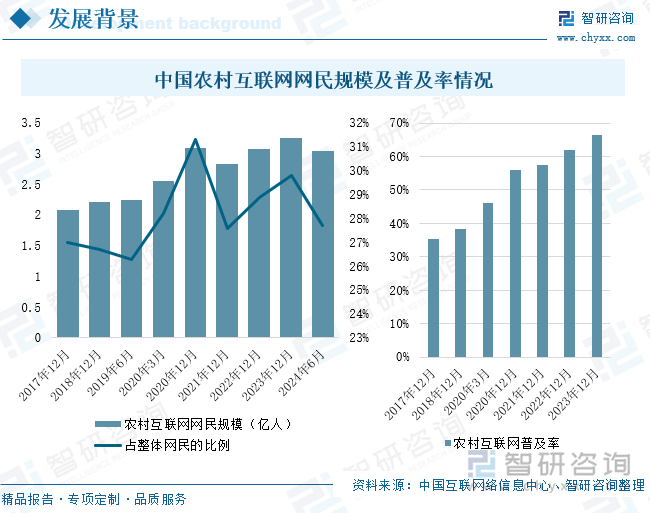 中国农村互联网网民规模及普及率情况