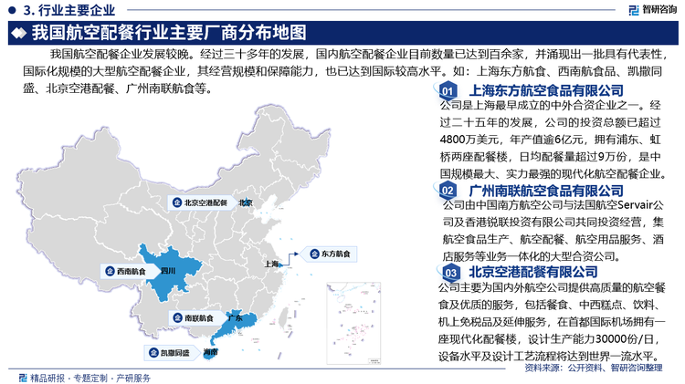 我國(guó)航空配餐企業(yè)發(fā)展較晚。經(jīng)過(guò)三十多年的發(fā)展，國(guó)內(nèi)航空配餐企業(yè)目前數(shù)量已達(dá)到百余家，并涌現(xiàn)出一批具有代表性，國(guó)際化規(guī)模的大型航空配餐企業(yè)，其經(jīng)營(yíng)規(guī)模和保障能力，也已達(dá)到國(guó)際較高水平。如：上海東方航空食品有限公司、西南航空食品有限公司、凱撒同盛發(fā)展股份有限公司、北京空港配餐有限公司、廣州南聯(lián)航空食品有限公司等。