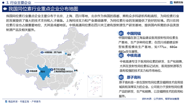 我国同位素行业重点企业主要分布于北京、上海、四川等地，北京作为我国的首都，拥有众多科研机构和高校，为同位素行业的发展提供了强大的技术支持和人才储备。上海科技实力和产业基础雄厚，为同位素行业的发展提供了良好的环境。四川在同位素行业也占据重要地位，尤其是成都地区。中核高通同位素在四川夹江建有放射源生产研发基地，提供国内所需的多品类放射源产品及相关服务。