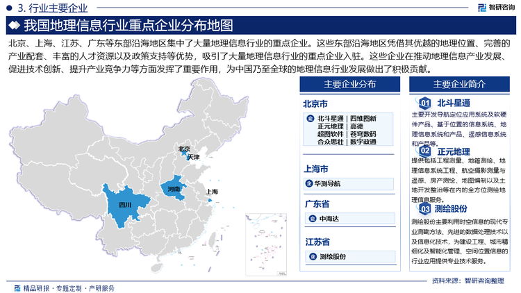 北京、上海、江苏、广东等东部沿海地区集中了大量地理信息行业的重点企业。这些东部沿海地区凭借其优越的地理位置、完善的产业配套、丰富的人才资源以及政策支持等优势，吸引了大量地理信息行业的重点企业入驻。这些企业在推动地理信息产业发展、促进技术创新、提升产业竞争力等方面发挥了重要作用，为中国乃至全球的地理信息行业发展做出了积极贡献。