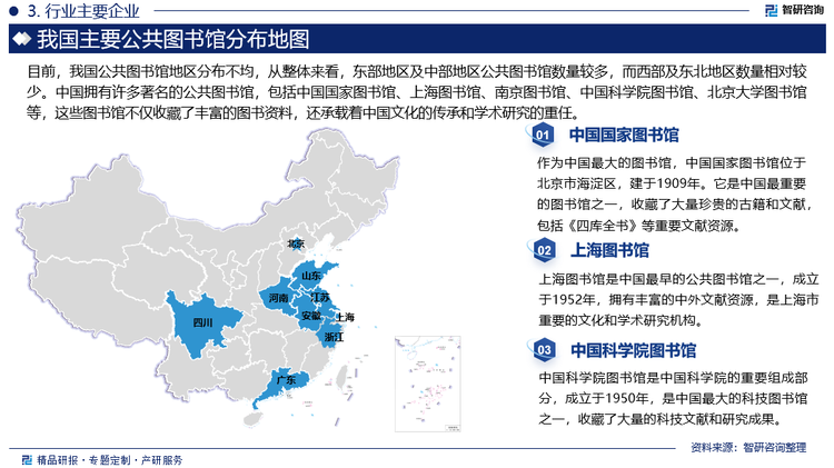 目前，我国公共图书馆地区分布不均，从整体来看，东部地区及中部地区公共图书馆数量较多，而西部及东北地区数量相对较少。其中四川、河南、山东、云南、广东等省份人口众多，文化底蕴深厚，对公共文化服务的需求也较高；叠加政府对公共图书馆的投入力度不断加大，提高公共图书馆的建设水平和服务质量，使得公共图书馆数量较多，均超过150个。受地理、经济或人口等因素，西藏、青海、宁夏、海南等地区的公共图书馆的建设和发展受到一定限制，数量相对较少。但近年来，我国各地区在公共图书馆的布局上更加注重均衡性和便利性，偏远地区和农村地区的公共图书馆建设不断落实，逐步实现公共文化服务的全覆盖，推动公共图书馆事业的持续健康发展。中国著名图书馆包括中国国家图书馆、上海图书馆、南京图书馆、中国科学院图书馆、北京大学图书馆等。