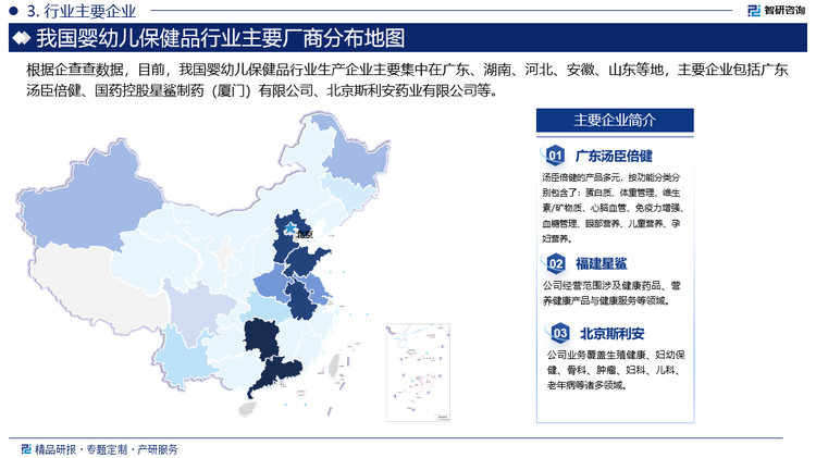 根据企查查数据，目前，我国婴幼儿保健品行业生产企业主要集中在广东、湖南、河北、安徽、山东等地，主要企业包括广东汤臣倍健、国药控股星鲨制药（厦门）有限公司、北京斯利安药业有限公司等。