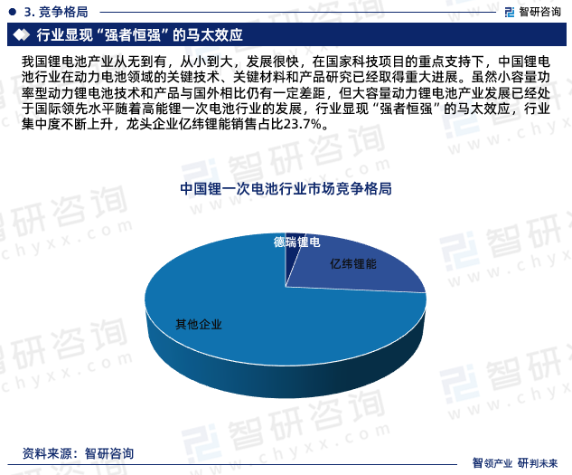 我国锂电池产业从无到有，从小到大，发展很快，在国家科技项目的重点支持下，中国锂电池行业在动力电池领域的关键技术、关键材料和产品研究已经取得重大进展。虽然小容量功率型动力锂电池技术和产品与国外相比仍有一定差距，但大容量动力锂电池产业发展已经处于国际领先水平随着高能锂一次电池行业的发展，行业显现“强者恒强”的马太效应，行业集中度不断上升，龙头企业亿纬锂能销售占比23.7%。