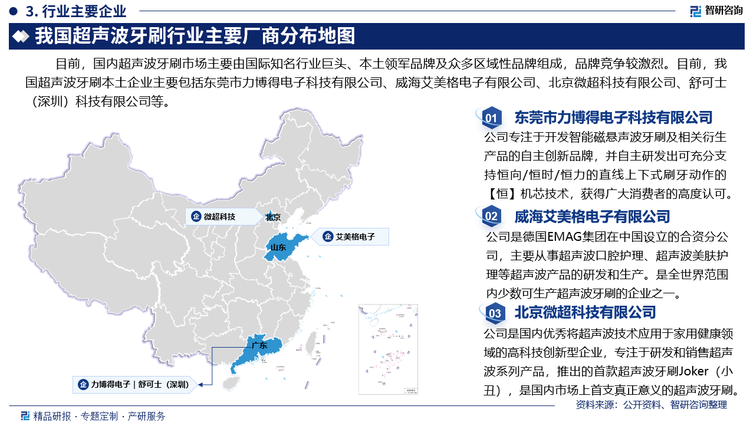 目前，国内超声波牙刷市场主要由国际知名行业巨头、本土领军品牌及众多区域性品牌组成，品牌竞争较激烈。目前，我国超声波牙刷本土企业主要包括东莞市力博得电子科技有限公司、威海艾美格电子有限公司、北京微超科技有限公司、舒可士（深圳）科技有限公司等。