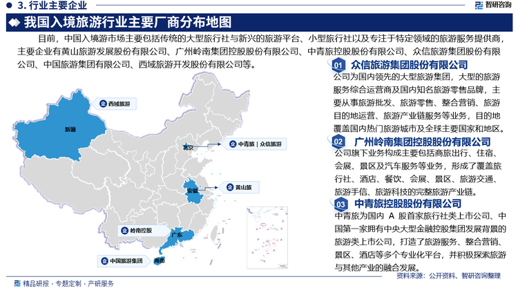 目前，中国入境游市场主要包括传统的大型旅行社与新兴的旅游平台、小型旅行社以及专注于特定领域的旅游服务提供商，主要企业有黄山旅游发展股份有限公司、广州岭南集团控股股份有限公司、中青旅控股股份有限公司、众信旅游集团股份有限公司、中国旅游集团有限公司、西域旅游开发股份有限公司等。