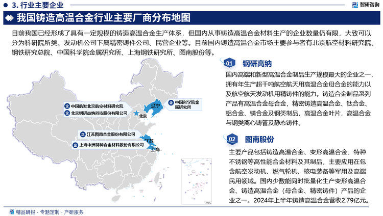 目前国内铸造高温合金市场主要参与者有北京航空材料研究院、钢铁研究总院、中国科学院金属研究所、上海钢铁研究所、图南股份等。以钢研高纳、航材院、中科院金属所为代表的科研单位较早地参与到了我国高温合金体系的建设当中，主要负责先进高温合金材料和生产工艺的研究与生产，掌握着行业前沿生产技术和工艺，在铸造高温合金行业具有较强的竞争地位。以图南股份等为代表的新兴企业在“两机专项”政策出台前后进入高温合金赛道，由于起步时间较晚，技术积累相对薄弱，但均在积极推进“两机专项”项目建设进行产能扩张。