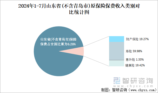 2024年1-7月山东省(不含青岛市)原保险保费收入类别对比统计图