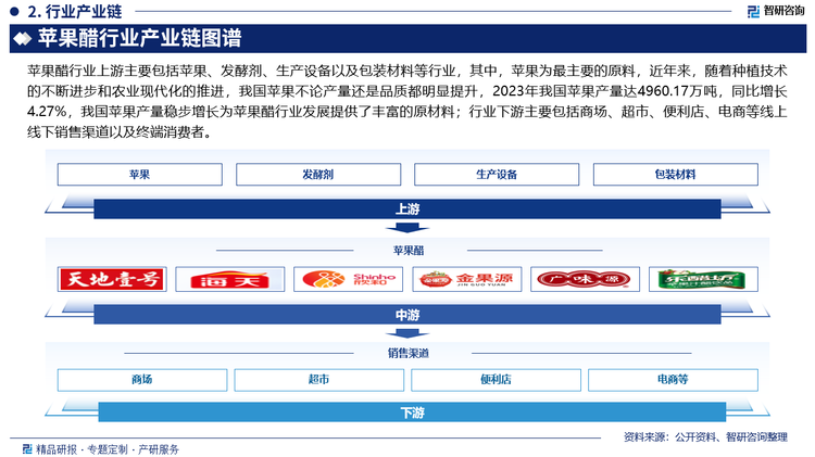 蘋果醋行業(yè)上游主要包括蘋果、發(fā)酵劑、生產(chǎn)設(shè)備以及包裝材料等行業(yè)，其中，蘋果為最主要的原料，近年來，隨著種植技術(shù)的不斷進(jìn)步和農(nóng)業(yè)現(xiàn)代化的推進(jìn)，我國(guó)蘋果不論產(chǎn)量還是品質(zhì)都明顯提升，2023年我國(guó)蘋果產(chǎn)量達(dá)4960.17萬噸，同比增長(zhǎng)4.27%，我國(guó)蘋果產(chǎn)量穩(wěn)步增長(zhǎng)為蘋果醋行業(yè)發(fā)展提供了豐富的原材料；行業(yè)下游主要包括商場(chǎng)、超市、便利店、電商等線上線下銷售渠道以及終端消費(fèi)者。