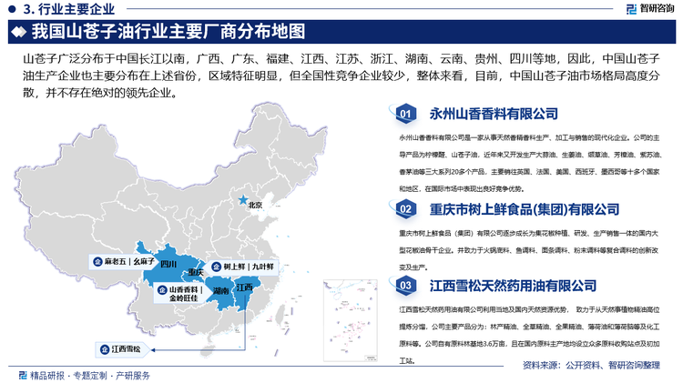 山苍子广泛分布于中国长江以南，广西、广东、福建、江西、江苏、浙江、湖南、云南、贵州、四川等地，因此，中国山苍子油生产企业也主要分布在上述省份，区域特征明显，但全国性竞争企业较少，整体来看，目前，中国山苍子油市场格局高度分散，并不存在绝对的领先企业。