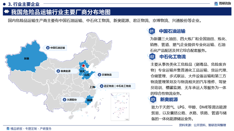 其中中国石油运输为新疆三大油田、四大炼厂和全国油田、炼化、销售、管道、燃气企业提供专业化运输、石油石化产品配送及其它综合配套服务。中石化工物流主要从事各类化工危险品（剧毒品、危险废弃物）专业运输并集普通化工品运输、货运代理、仓储管理、多式联运、大件设备运输和第三方物流管理策划及与物流相关的汽车维修、驾驶员培训、槽罐监测、无车承运人等服务为一体的综合性物流业务。新奥能源致力于天然气、LPG、甲醇、DME等清洁能源贸易，以及囊括公路、水路、铁路、管道与储备的一体化能源储运业务。