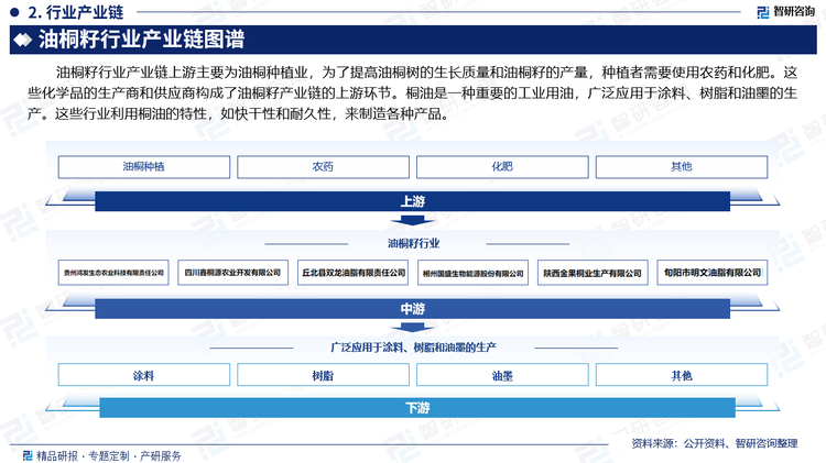 油桐籽行业产业链上游主要为油桐种植业，为了提高油桐树的生长质量和油桐籽的产量，种植者需要使用农药和化肥。这些化学品的生产商和供应商构成了油桐籽产业链的上游环节。桐油是一种重要的工业用油，广泛应用于涂料、树脂和油墨的生产。这些行业利用桐油的特性，如快干性和耐久性，来制造各种产品。