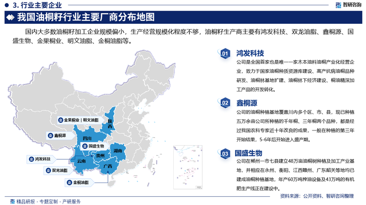 其中鸿发科技是全国首家也是唯一一家木本油料油桐产业化经营企业，致力于国家油桐种质资源库建设、高产抗病油桐品种研发、油桐林基地扩建、油桐林下经济建设、桐油精深加工产品的开发转化。鑫桐源的油桐种植基地覆盖川内多个区、市、县，现已种植五万余亩公司所种植的千年桐、三年桐两个品种，都是经过我国农科专家近十年改良的成果，一般在种植的第三年开始结果，5-6年后开始进入盛产期。国盛生物在郴州一市七县建立48万亩油桐树种植及加工产业基地，并相应在永州、衡阳、江西赣州、广东韶关等地均已建成油桐种植基地，年产60万吨榨油设备及43万吨的有机肥生产线正在建设中。