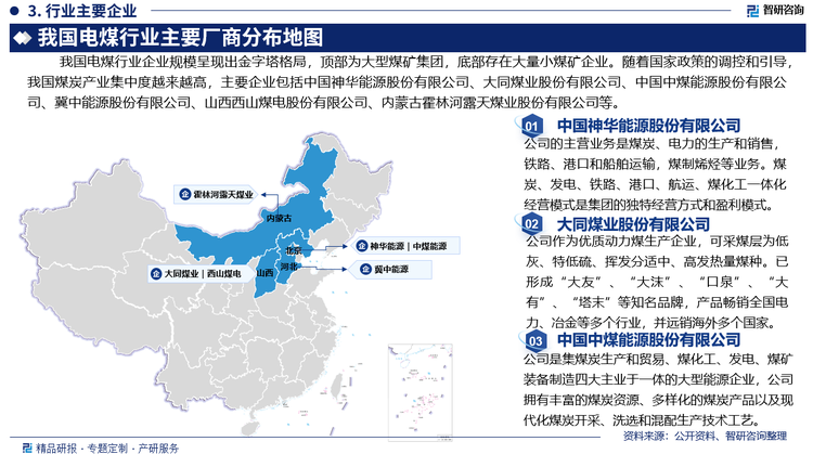 我国电煤行业企业规模呈现出金字塔格局，顶部为大型煤矿集团，底部存在大量小煤矿企业。随着国家政策的调控和引导，我国煤炭产业集中度越来越高，主要企业包括中国神华能源股份有限公司、大同煤业股份有限公司、中国中煤能源股份有限公司、冀中能源股份有限公司、山西西山煤电股份有限公司、内蒙古霍林河露天煤业股份有限公司等。