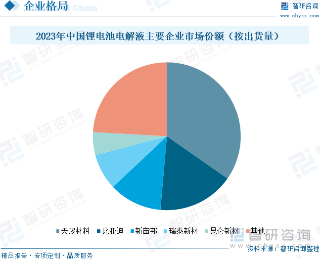 2023年中国锂电池电解液主要企业市场份额（按出货量）