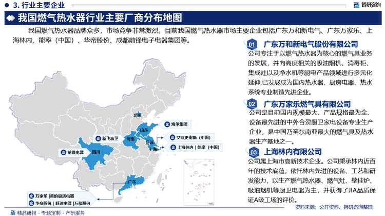 我国燃气热水器品牌众多，市场竞争非常激烈。目前我国燃气热水器市场主要企业包括广东万和新电气股份有限公司、广东万家乐燃气具有限公司、上海林内有限公司、能率（中国）投资有限公司、华帝股份有限公司、成都前锋电子电器集团股份有限公司等。