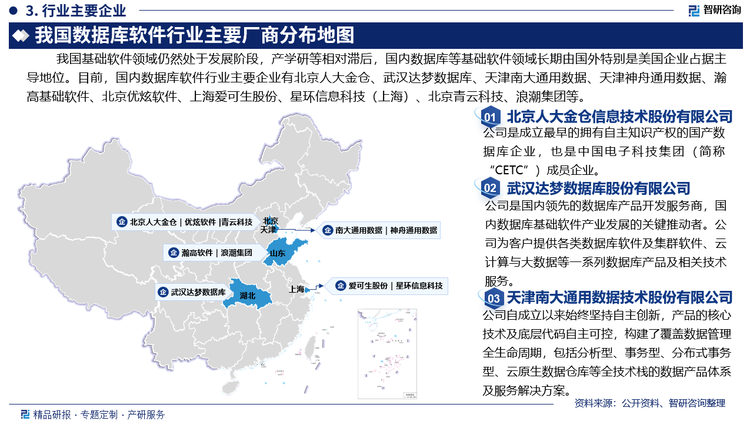 我国基础软件领域仍然处于发展阶段，产学研等相对滞后，国内数据库等基础软件领域长期由国外特别是美国企业占据主导地位。目前，国内数据库软件行业主要企业有北京人大金仓信息技术股份有限公司、武汉达梦数据库股份有限公司、天津南大通用数据技术股份有限公司、天津神舟通用数据技术有限公司、瀚高基础软件股份有限公司、北京优炫软件股份有限公司、上海爱可生信息技术股份有限公司、星环信息科技（上海）股份有限公司、北京青云科技股份有限公司、浪潮集团有限公司等。