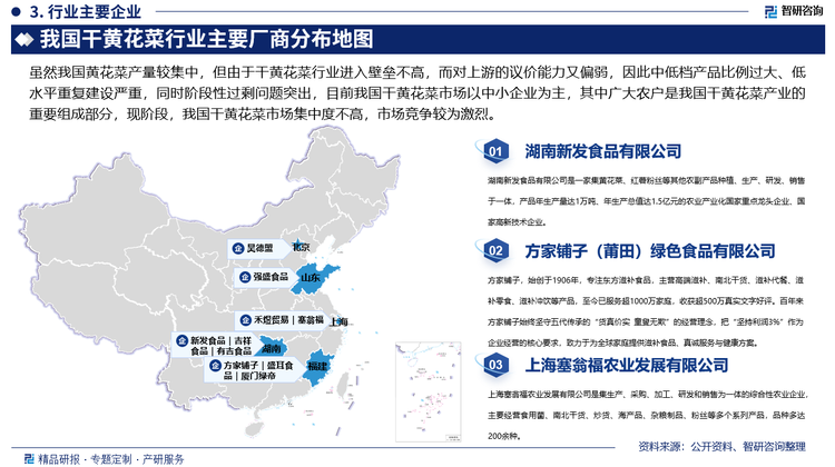 虽然我国黄花菜产量较集中，但由于干黄花菜行业进入壁垒不高，而对上游的议价能力又偏弱，因此中低档产品比例过大、低水平重复建设严重，同时阶段性过剩问题突出，目前我国干黄花菜市场以中小企业为主，其中广大农户是我国干黄花菜产业的重要组成部分，现阶段，我国干黄花菜市场集中度不高，市场竞争较为激烈。