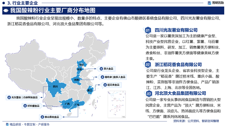 我国酸辣粉行业企业呈现出规模小、数量多的特点，主要企业有佛山市顺德区春晓食品有限公司、四川光友薯业有限公司、浙江稻花香食品有限公司、河北顶大食品集团有限公司等。