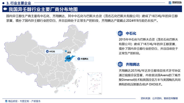 国内异壬醇生产商主要有中石化、齐翔腾达，2015年中石化与巴斯夫合资(茂名石化巴斯夫有限公司)建成了18万吨/年的异壬醇装置，填补了国内异壬醇行业的空白，并且目前处于正常生产的阶段。2020年齐翔腾达20万吨/年达异壬醇项目技术许可协议通过视频会议签署，内容是法国Axens的丁烯产聚Dimersol技术和英国庄信万丰与美国陶氏共同拥有的低压羰基合成LP OXO技术。